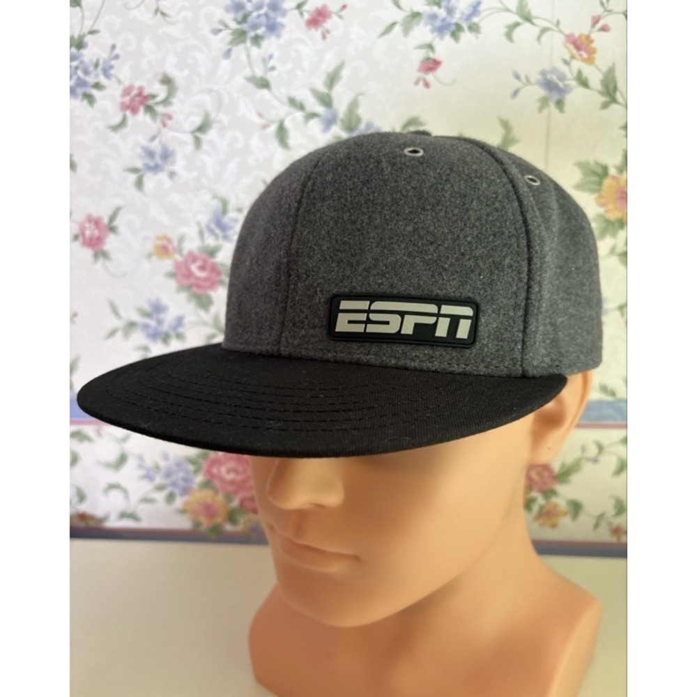 ESPN Gray Wool‎ Blend Flat Brim Snapback Hat Adjustable Baseball Cap Mens OSFM